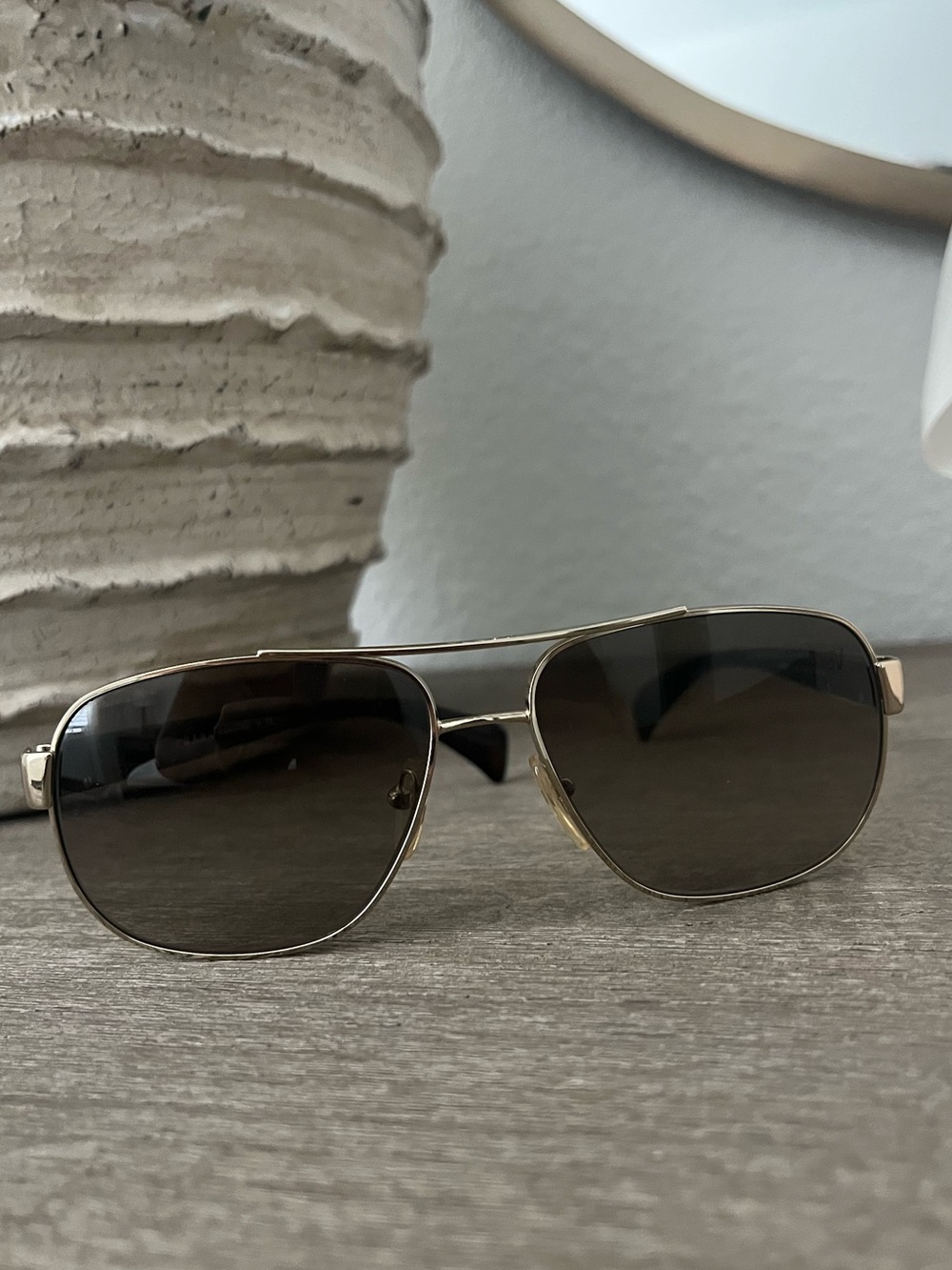 Prada Gold Metal Aviator Sunglasses with Dark Brown Lenses